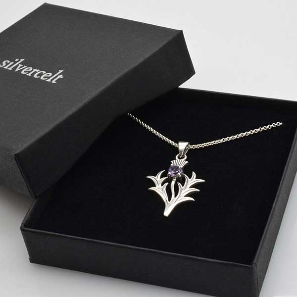 silver scottish thistle pendant in gift box